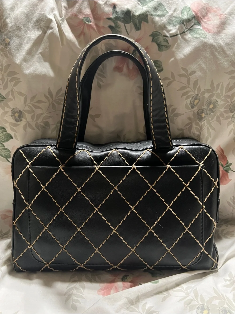CHANEL Black Quilted Satchel with Cream Stitching (Wild stitch)